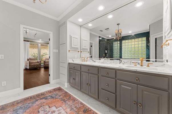 Bathroom, Chandelier, Dual Sink Vanities, Interior, Marble, Recessed Lighting, Wood Texture Flooring