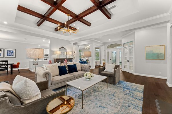 Dining room, Interior, Living room, Recessed Lighting, Wooden Beams, Wood Texture Flooring