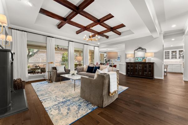 Interior, Living room, Pendant Lights, Recessed Lighting, Wooden Beams, Wood Texture Flooring