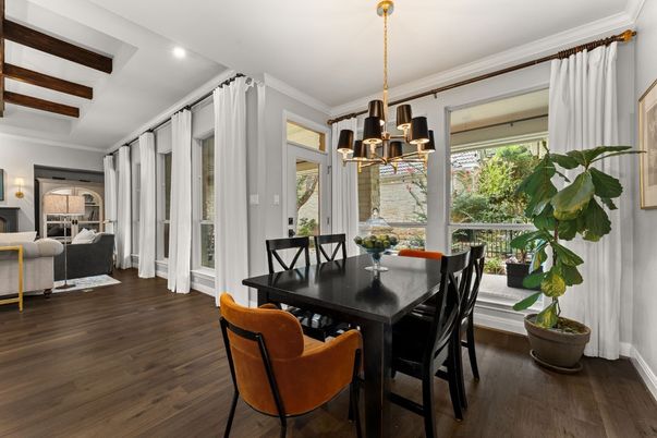 Dining room, Interior, Living room, Pendant Lights, Recessed Lighting, Wooden Beams, Wood Texture Flooring
