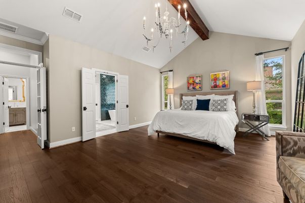 Bedroom, Chandelier, Interior, Wooden Beams, Wood Texture Flooring
