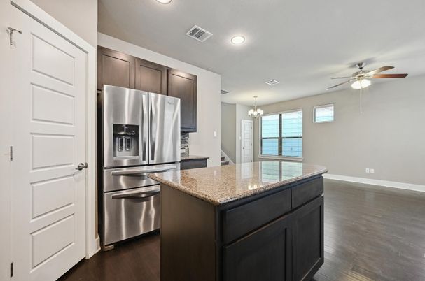 Chandelier, Interior, Kitchen, Recessed Lighting, Stainless Steel Appliances, Wood Texture Flooring