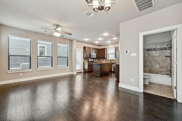 Chandelier, Interior, Kitchen, Recessed Lighting, Wood Texture Flooring