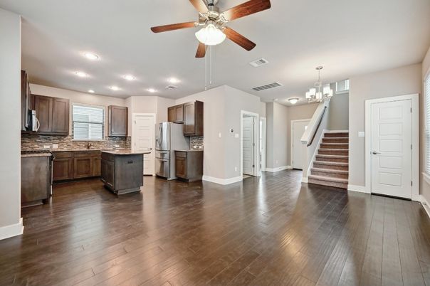 Chandelier, Interior, Kitchen, Recessed Lighting, Wood Texture Flooring