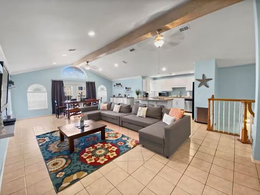 Dining room, Interior, Kitchen, Living room, Recessed Lighting, Stainless Steel Appliances, Wooden Beams