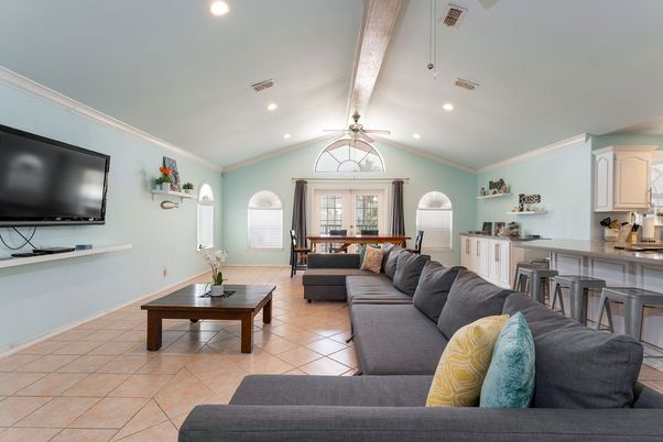 Interior, Living room, Recessed Lighting, Wooden Beams