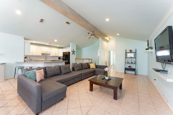 Interior, Kitchen, Living room, Recessed Lighting, Stainless Steel Appliances, Wooden Beams