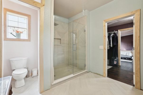 Bathroom, Bedroom, Glass Shower, Interior, Wood Texture Flooring