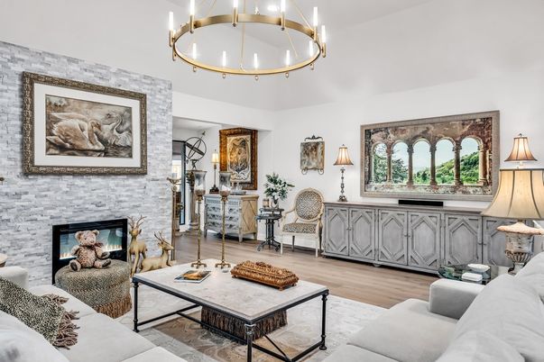 Chandelier, Fireplace, Interior, Living room, Stone Walls, Wood Texture Flooring