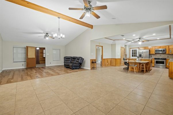 Dining room, Interior, Kitchen, Recessed Lighting, Stainless Steel Appliances, Wooden Beams, Wood Texture Flooring