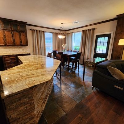 Dining room, Interior, Pendant Lights, Wood Texture Flooring