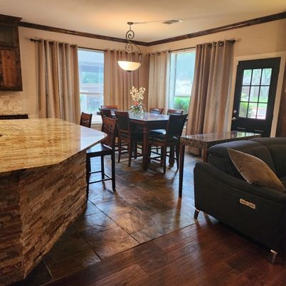 Dining room, Interior, Pendant Lights, Wood Texture Flooring