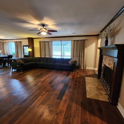 Dining room, Fireplace, Interior, Living room, Wood Texture Flooring