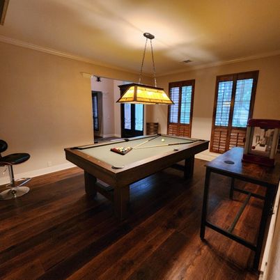 Billiard Table, Game Room, Interior, Pendant Lights, Wood Texture Flooring