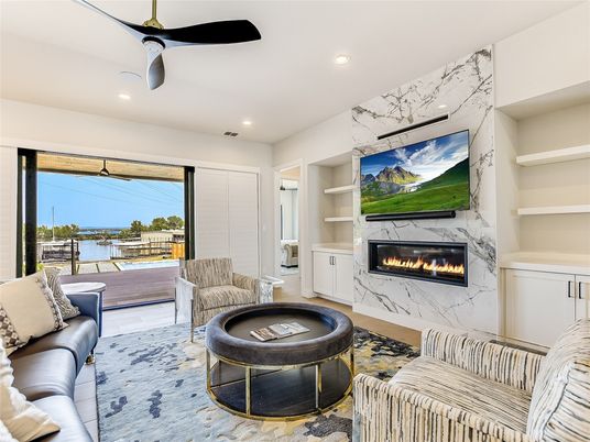 Fireplace, Interior, Living room, Marble Walls, Recessed Lighting, Water