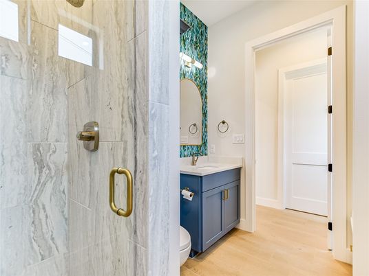 Bathroom, Glass Shower, Interior, Marble Walls, Wood Texture Flooring