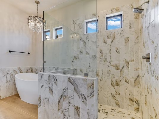 Bathroom, Chandelier, Free Standing Baths, Interior, Marble Walls, Pendant Lights