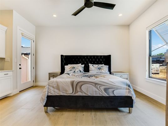 Bedroom, Interior, Recessed Lighting, Wood Texture Flooring