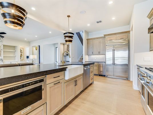 Interior, Kitchen, Pendant Lights, Recessed Lighting, Stainless Steel Appliances, Wood Texture Flooring