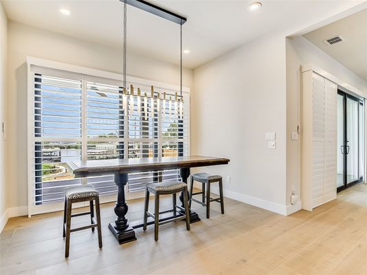 Dining room, Interior, Pendant Lights, Recessed Lighting, Wood Texture Flooring