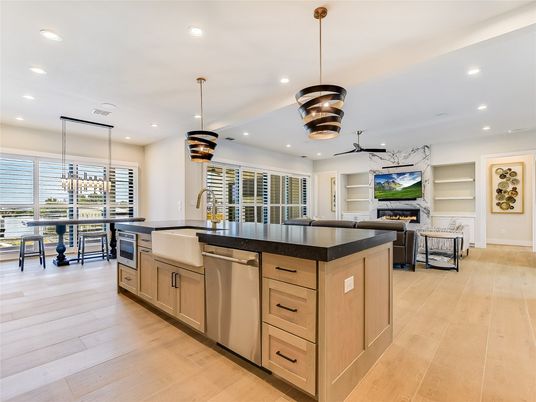 Chandelier, Dining room, Fireplace, Interior, Kitchen, Pendant Lights, Recessed Lighting, Wood Texture Flooring
