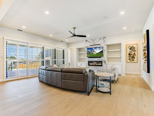 Fireplace, Interior, Living room, Recessed Lighting, Wood Texture Flooring