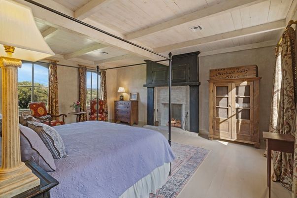 Bedroom, Fireplace, Interior, Wooden Beams, Wooden Ceilings, Wood Texture Flooring