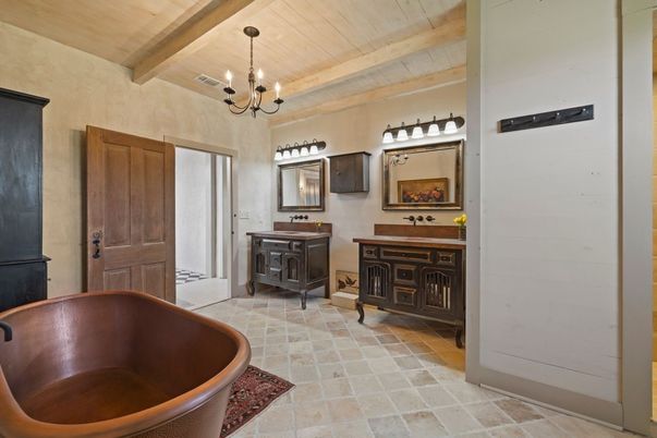 Bathroom, Chandelier, Free Standing Baths, Interior, Wooden Beams, Wooden Ceilings