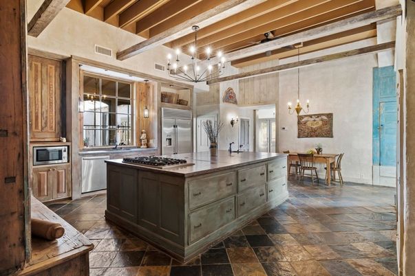 Chandelier, Dining room, Interior, Kitchen, Pendant Lights, Stainless Steel Appliances, Wooden Beams