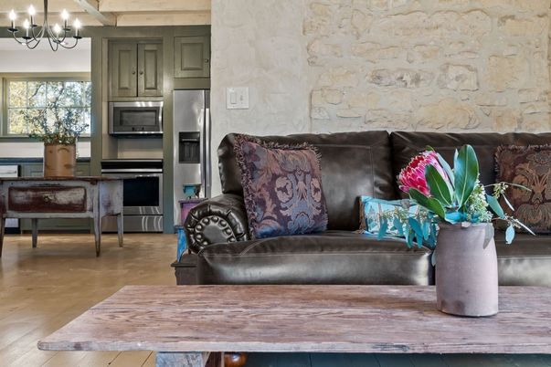 Chandelier, Interior, Kitchen, Stainless Steel Appliances, Stone Walls, Wood Texture Flooring