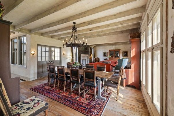 Chandelier, Dining room, Interior, Wooden Beams, Wood Texture Flooring