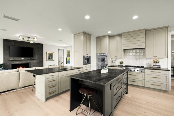 Fireplace, Interior, Kitchen, Living room, Recessed Lighting, Stainless Steel Appliances, Wood Texture Flooring