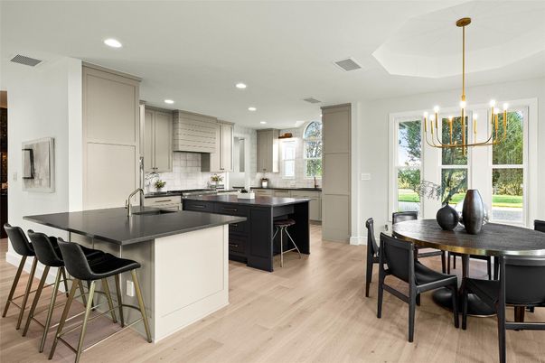 Dining room, Interior, Kitchen, Pendant Lights, Recessed Lighting, Wood Texture Flooring