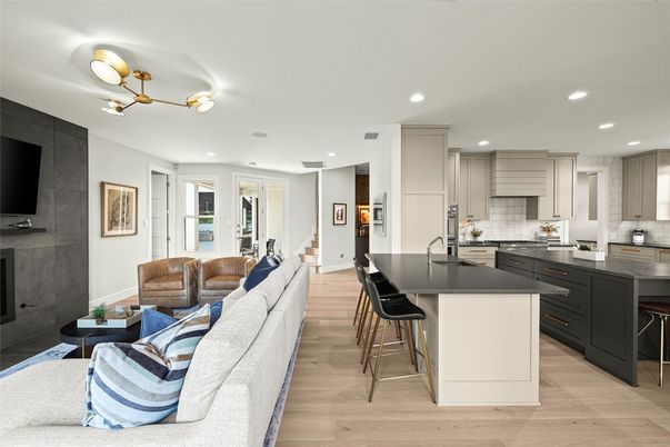 Interior, Kitchen, Living room, Recessed Lighting, Wood Texture Flooring