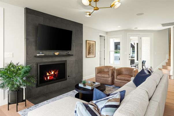 Fireplace, Interior, Living room, Recessed Lighting, Wood Texture Flooring
