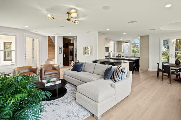 Dining room, Interior, Kitchen, Living room, Recessed Lighting, Wood Texture Flooring