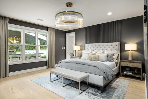 Bedroom, Chandelier, Interior, Recessed Lighting, Wood Texture Flooring