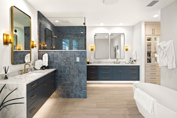 Bathroom, Dual Sink Vanities, Free Standing Baths, Glass Shower, Interior, Recessed Lighting, Wood Texture Flooring