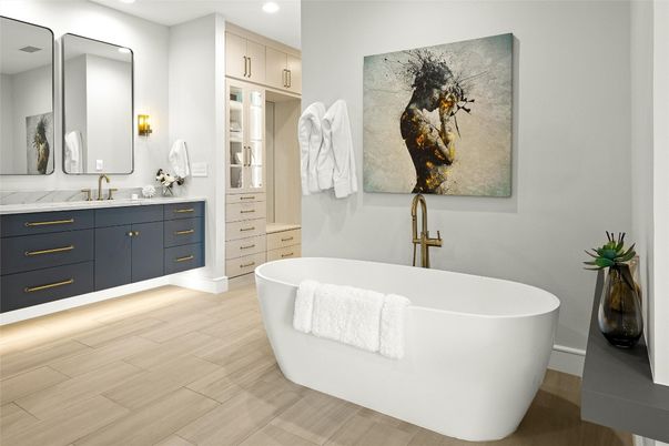 Bathroom, Dual Sink Vanities, Free Standing Baths, Interior, Recessed Lighting, Wood Texture Flooring
