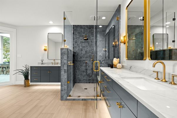 Bathroom, Dual Sink Vanities, Glass Shower, Interior, Recessed Lighting, Wood Texture Flooring