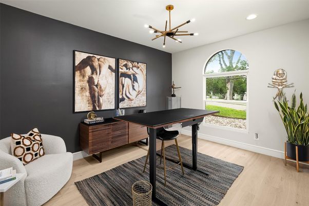 Home Office, Interior, Pendant Lights, Recessed Lighting, Wood Texture Flooring