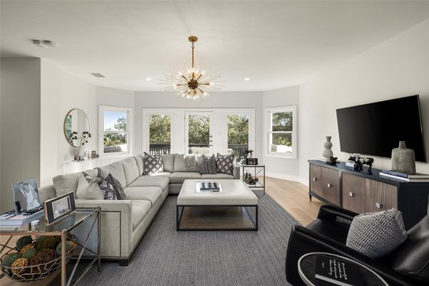 Interior, Living room, Pendant Lights, Recessed Lighting, Wood Texture Flooring