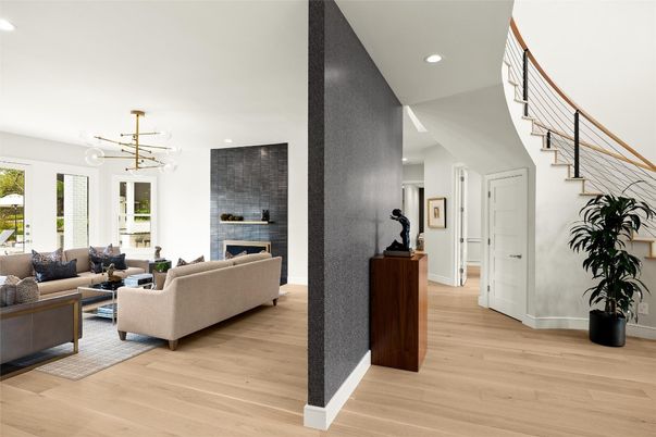 Fireplace, Interior, Living room, Pendant Lights, Recessed Lighting, Wood Texture Flooring