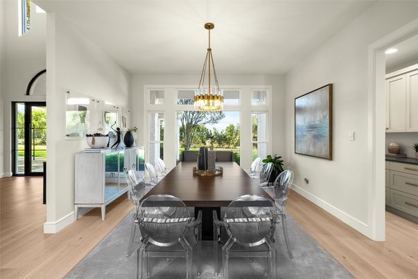 Dining room, Interior, Pendant Lights, Wood Texture Flooring