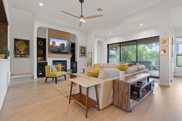 Fireplace, Interior, Living room, Recessed Lighting, Wood Texture Flooring
