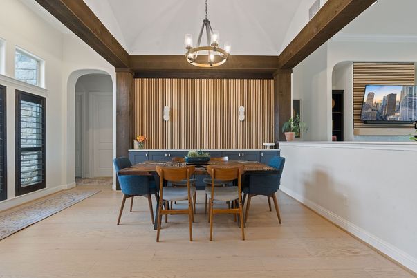 Dining room, Interior, Pendant Lights, Wood Texture Flooring