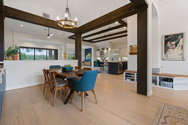 Chandelier, Dining room, Interior, Kitchen, Pendant Lights, Recessed Lighting, Wooden Beams, Wood Texture Flooring
