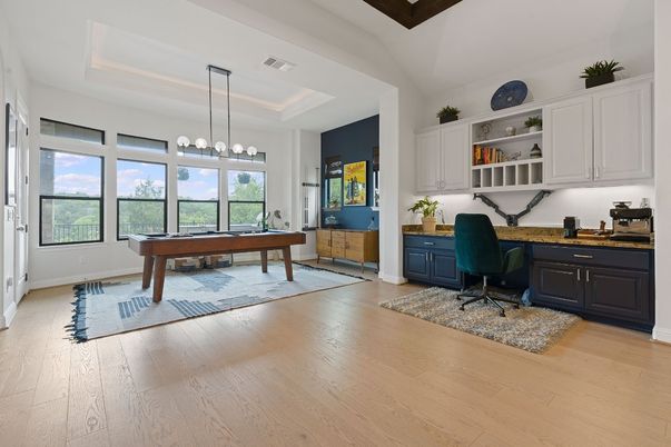 Billiard Table, Game Room, Home Office, Interior, Pendant Lights, Wood Texture Flooring