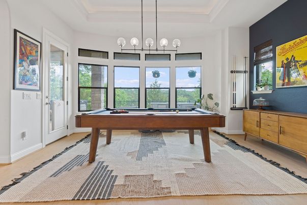 Billiard Table, Chandelier, Game Room, Interior, Pendant Lights, Wood Texture Flooring