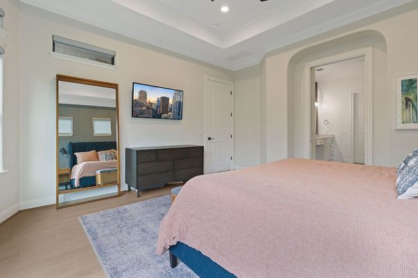 Bedroom, Interior, Recessed Lighting, Wood Texture Flooring